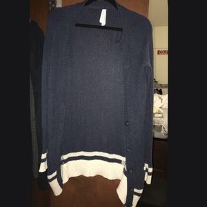 blue with cream striped cardigan.